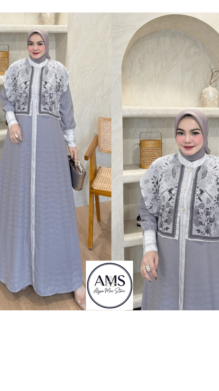 Woman wearing Elliora Dress V4 in gray with floral design, showcasing timeless elegance in a modern setting.