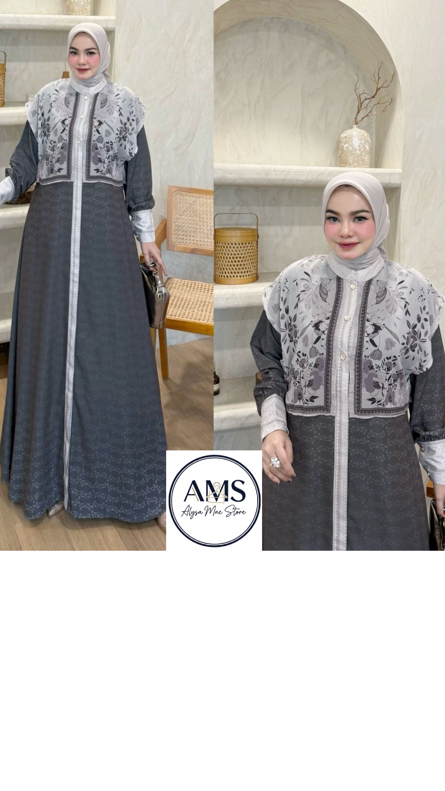 Model showcasing the Elliora Dress V4 in a chic gray design with elegant detailing, perfect for timeless elegance.