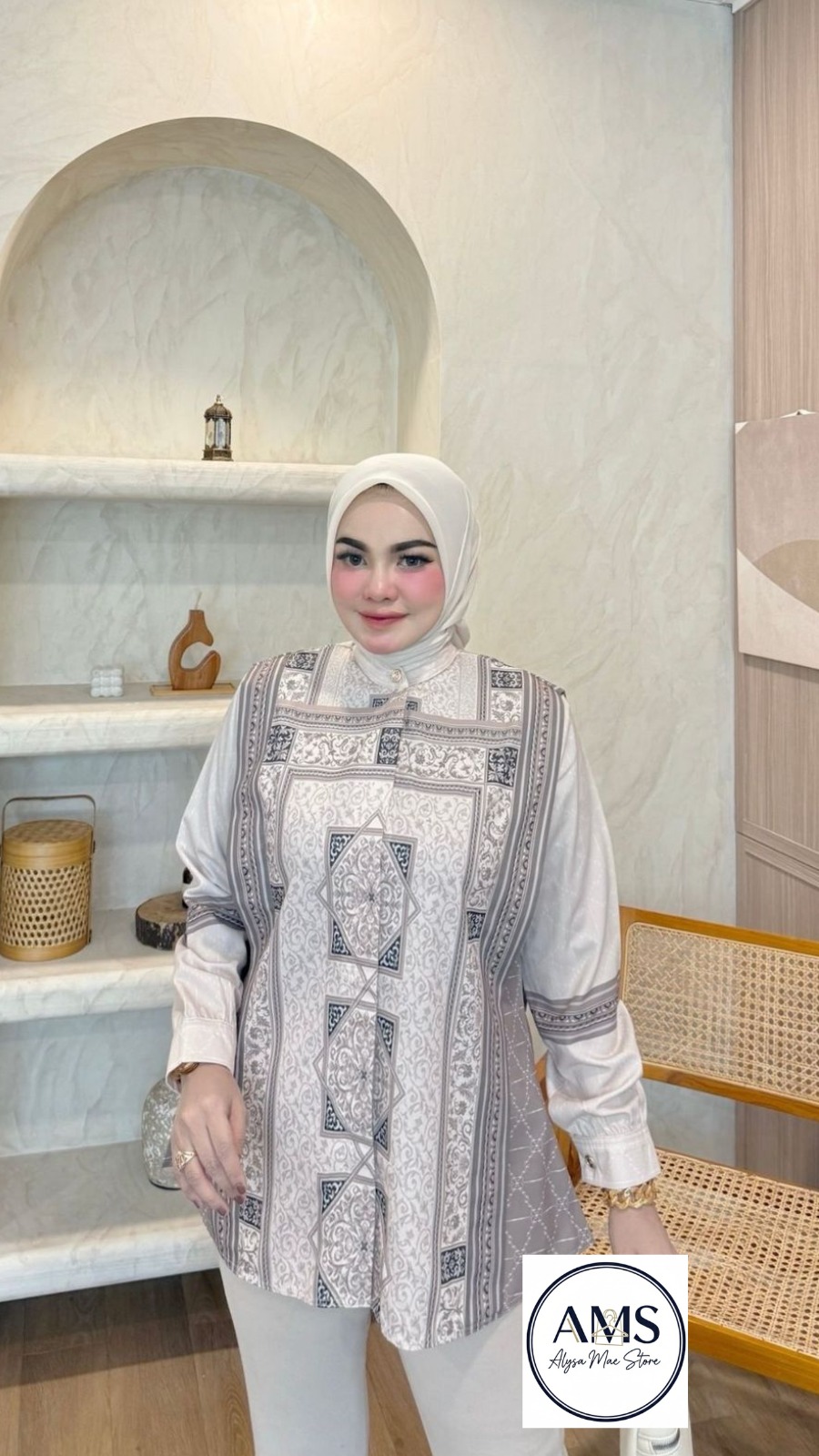 Model wearing the Sandra Shirt V8 with elegant flows in a stylish indoor setting, showcasing signature printing and comfort.