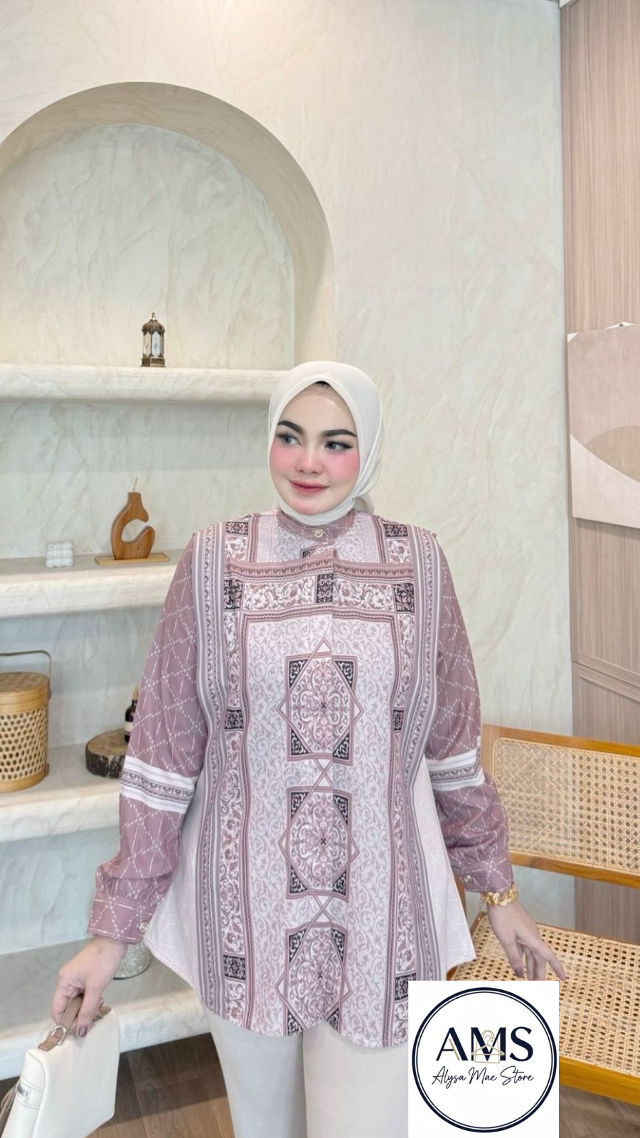 Sandra Shirt V8 in elegant design, showcasing Peach Lady Signature Printing, perfect blend of style and comfort.