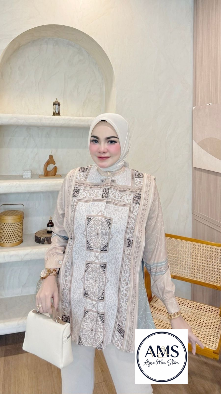 Model wearing the Sandra Shirt V8, featuring elegant design and Peach Lady Signature Printing, showcasing modern style.